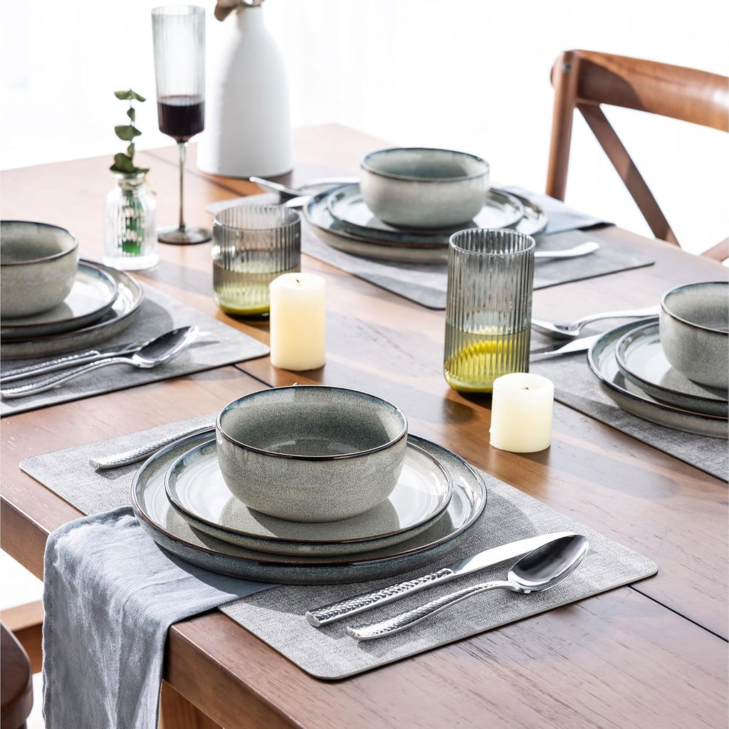 GBHOME 32 Pieces Double Bowls Ceramic Dinnerware Sets for 8, Stoneware Plates and Bowls Set with Reactive Glaze, Scratch Resistant Stoneware Dishes Set, Dishwasher & Microwave Safe