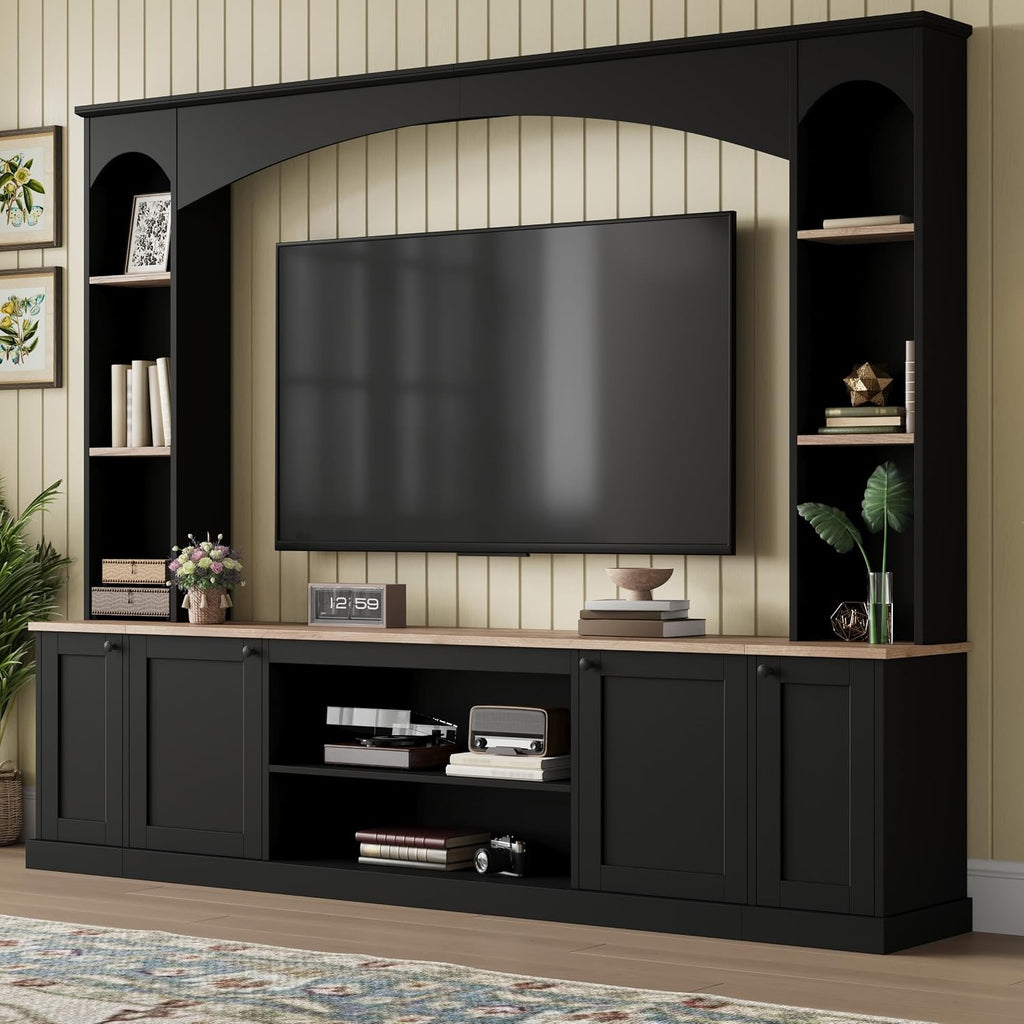 Farmhouse Entertainment Center with Bookshelves, Modern 4-Piece Wall Unit TV Stand Set for TVs up to 70', Elegant Arched Media Console Unit with Adjustable Shelves for Living Room, Black