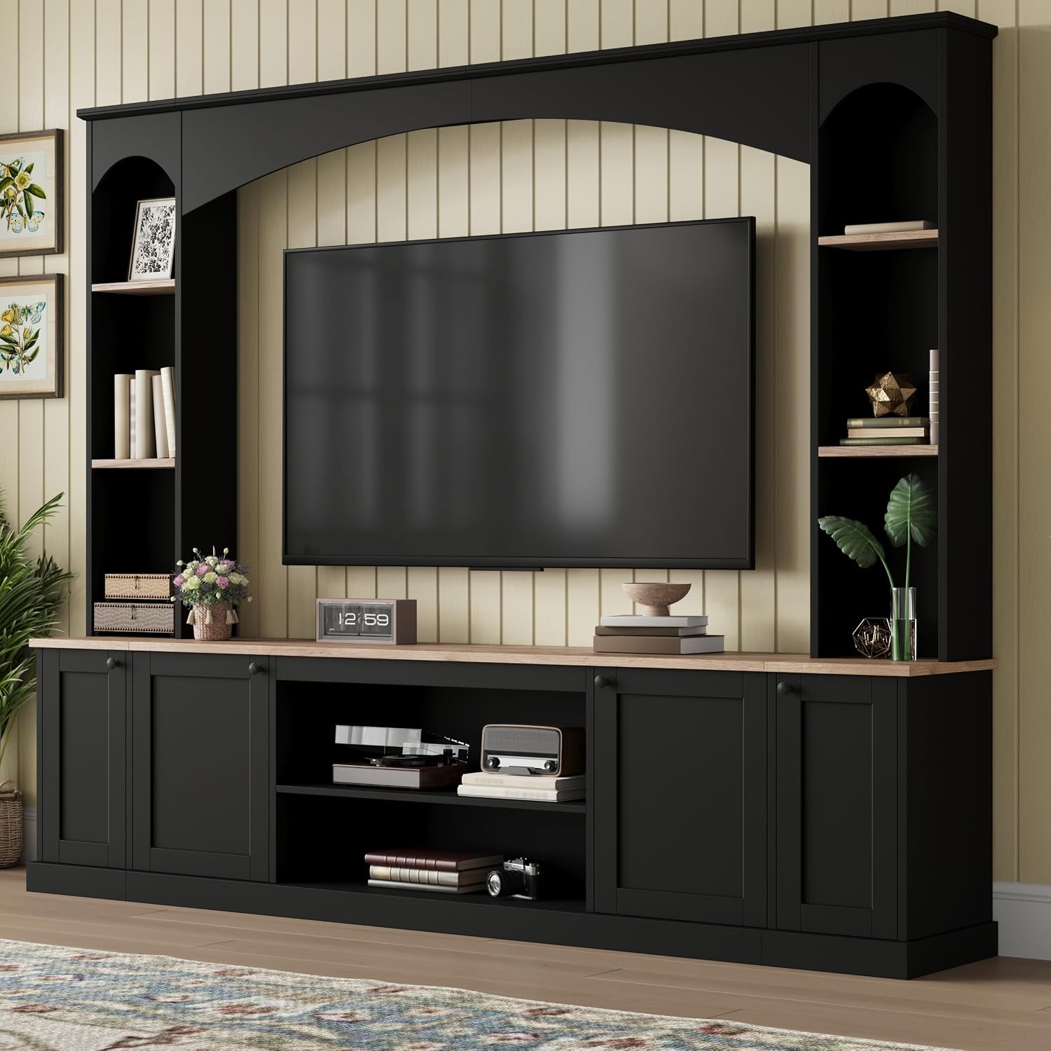 Farmhouse Entertainment Center with Bookshelves, Modern 4-Piece Wall Unit TV Stand Set for TVs up to 70', Elegant Arched Media Console Unit with Adjustable Shelves for Living Room, Black