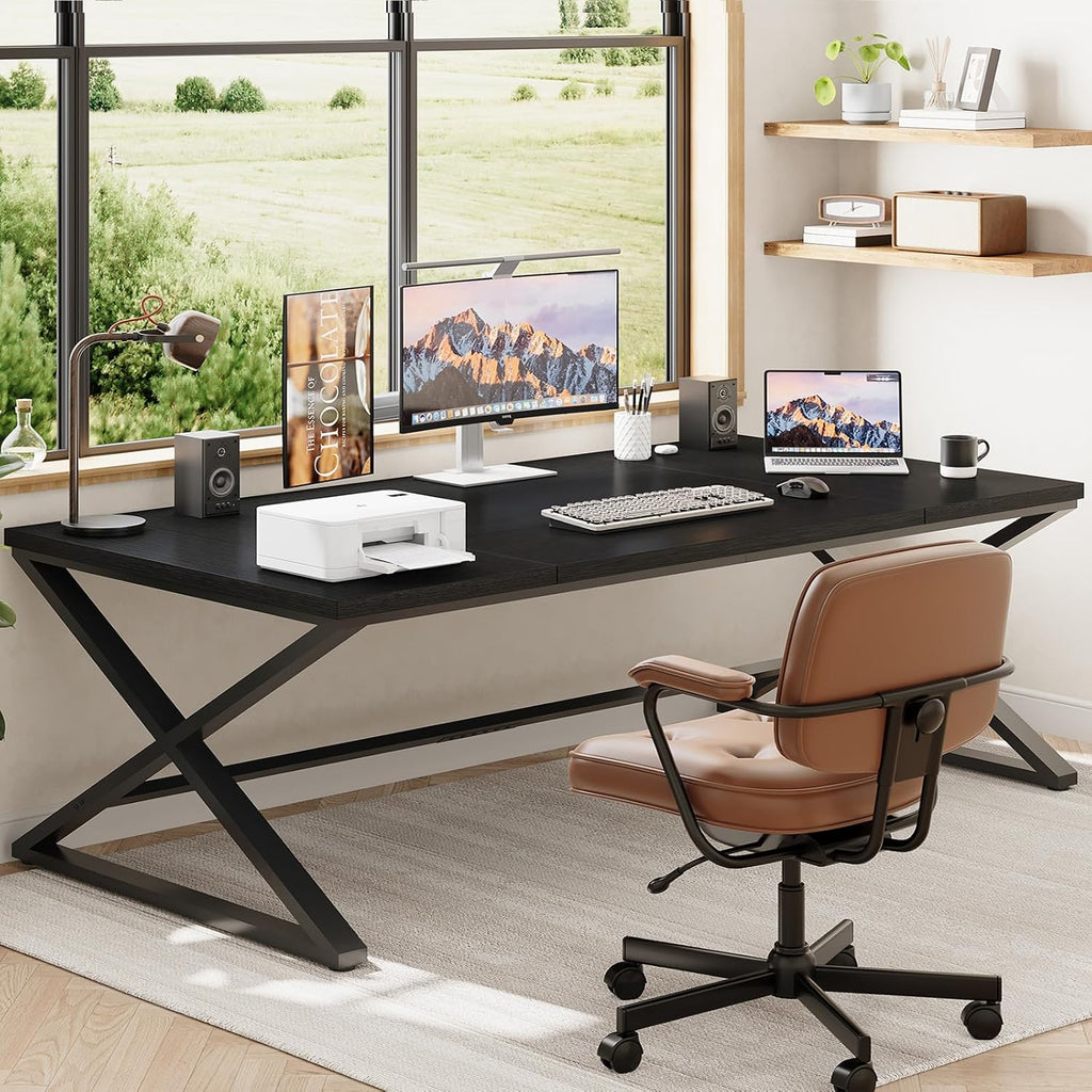 IBF Black Desk, Large Home Office Work Desk, 78.7' Long Computer Desks, Simple Wide Study Writing Desk, Wood Metal Double PC Executive Workstation Gaming Desk Computer Table for Bedroom, Black Oak