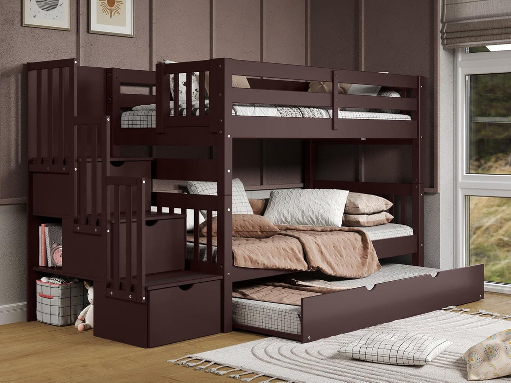 Bedz King Stairway Bunk Beds Twin Over Twin, 3 Step Drawers and a Twin Trundle, Dark Cherry