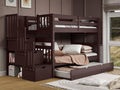 Bedz King Stairway Bunk Beds Twin Over Twin, 3 Step Drawers and a Twin Trundle, Dark Cherry