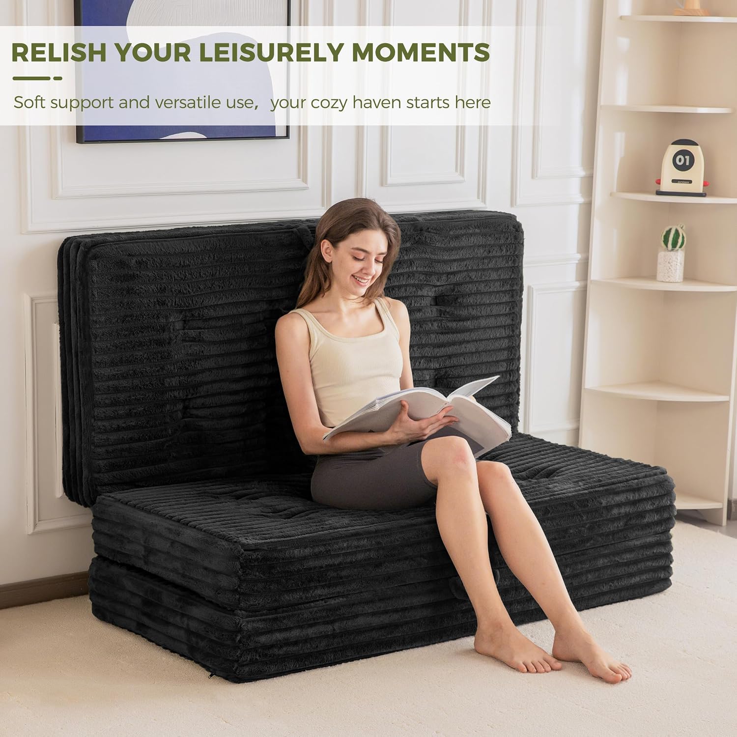 MAXYOYO Folding Sofa Couch Bed, 6 Inch Tri-Fold Floor Sofa Bed, Folding Mattress with Handles, Soft Faux Fur Folding Bed with Supportive Foam Filling, Portable Couch for Living Room, Twin, Black
