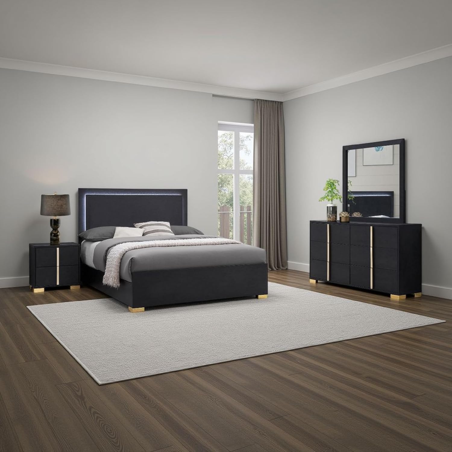 Benjara Dex 4 Piece Full Bedroom Set- Black/Gold Accents- LED Headboard