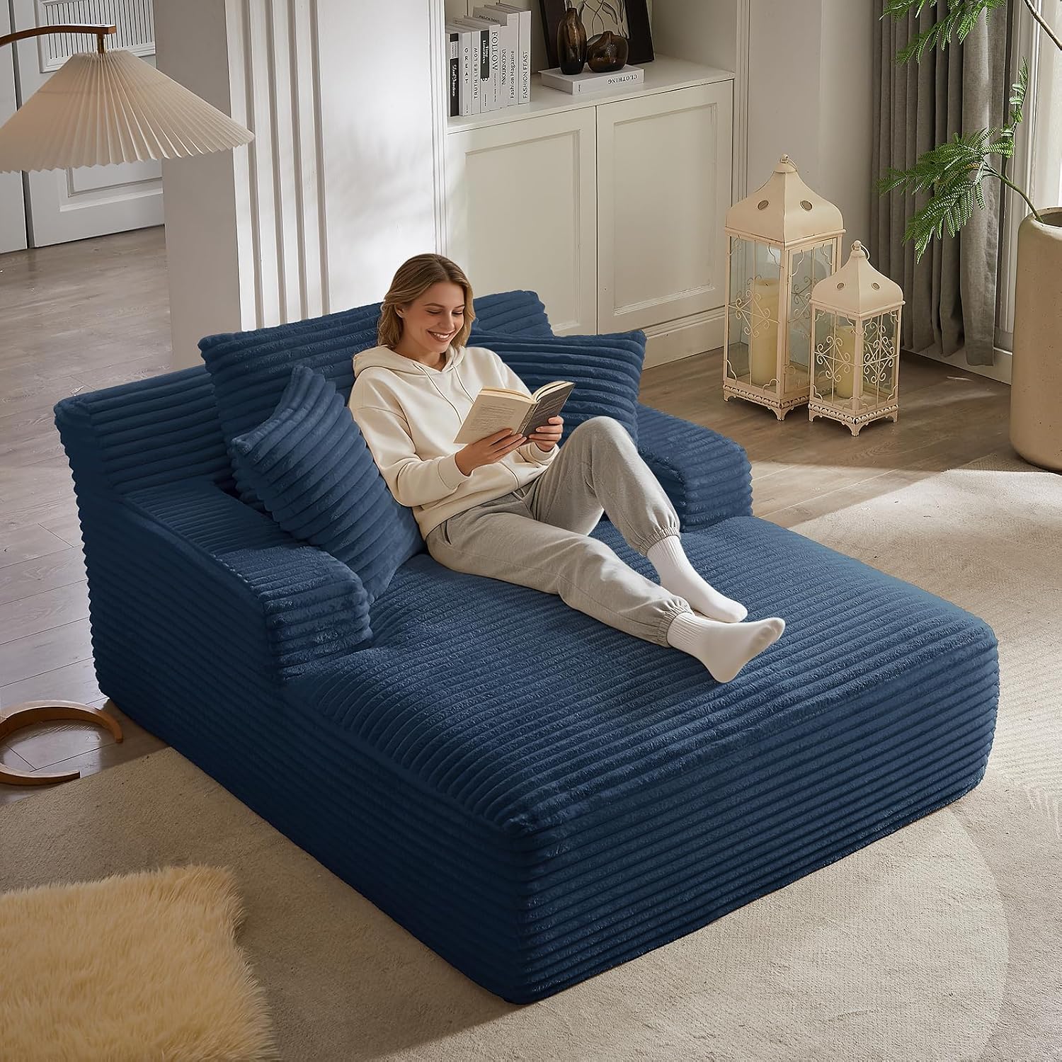 Oversized Chaise Lounge Chair Indoor, 66' Cloud Boneless Sleeper Couch Corduroy Upholstered Sofa Bed Deep Seat Comfy Reading Chair with 3 Pillows for Living Room Bedroom, Blue