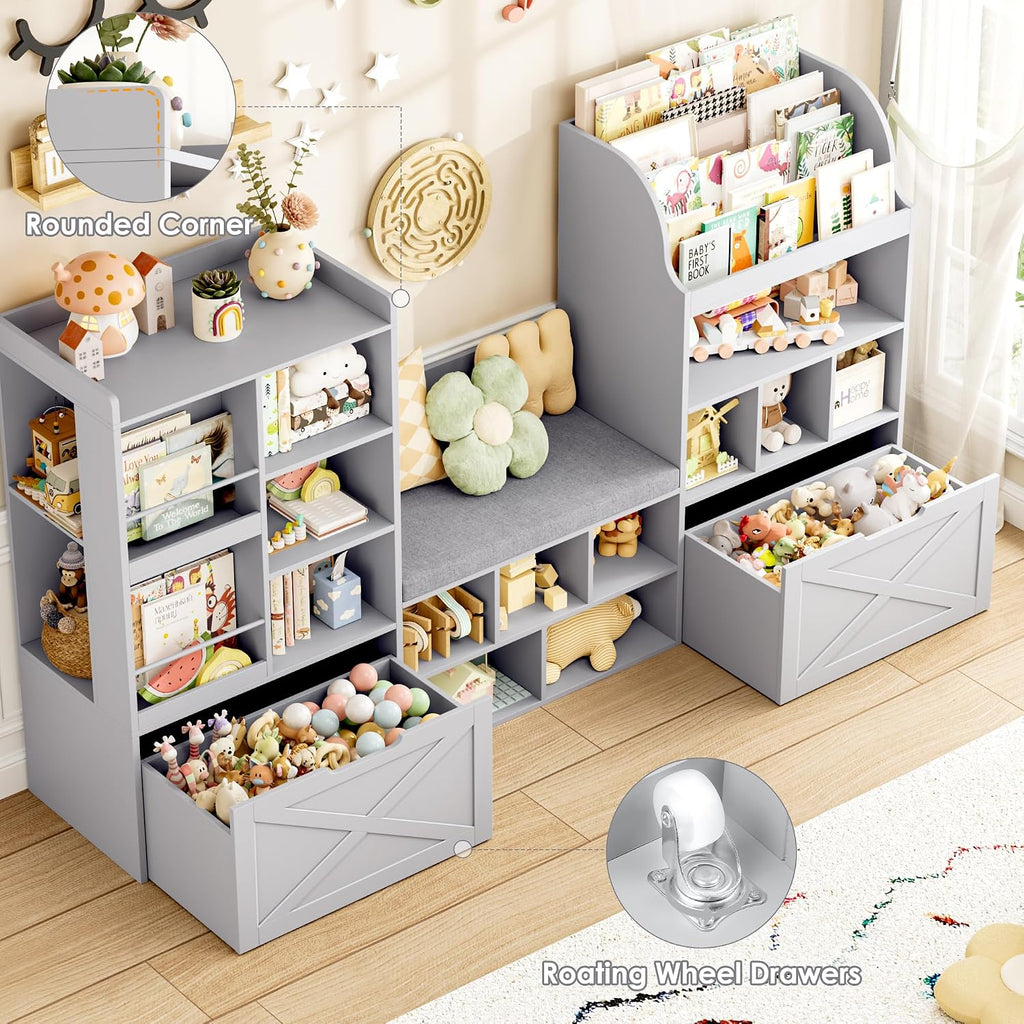 FINETONES 75' W Kids Bookshelf with Reading Nook, Large Toy Storage Toy Organizer with Seat Cushion and 2 Movable Drawers, Kids Reading Nook Kid Bench for Playroom Living Room, Grey