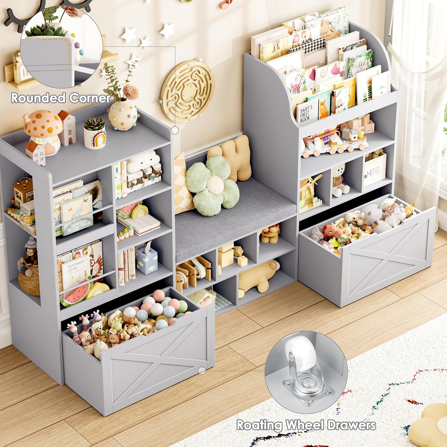 FINETONES 75' W Kids Bookshelf with Reading Nook, Large Toy Storage Toy Organizer with Seat Cushion and 2 Movable Drawers, Kids Reading Nook Kid Bench for Playroom Living Room, Grey