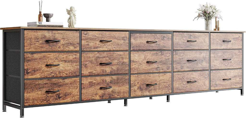 Huuger 78.7 inch Long Dresser for Bedroom, 15 Drawer Fabric Dresser for Closet, Large TV Stand for 65, 75, 85 inch TV, Wide Chest of Drawer with Storage, 78.7' W x 12.9' D x 26.7' H, Rustic Brown