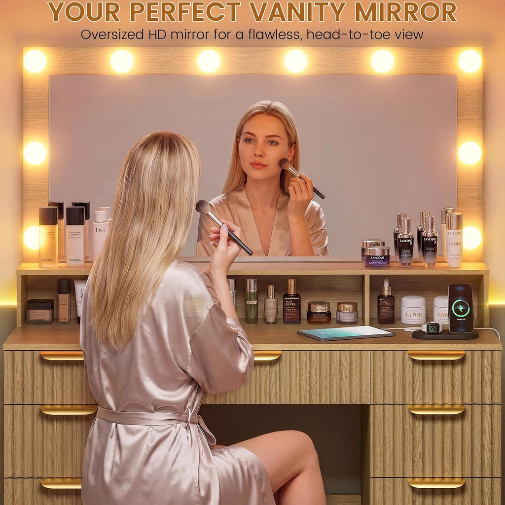 Fluted Vanity Desk with Large Mirror and Adjustable LED Lights, Makeup Vanity Table with Power Outlet, 9 Drawers & Storage Shelf, Bedroom Dressing Table Vanity Set for Girls, Women, Natural Oak