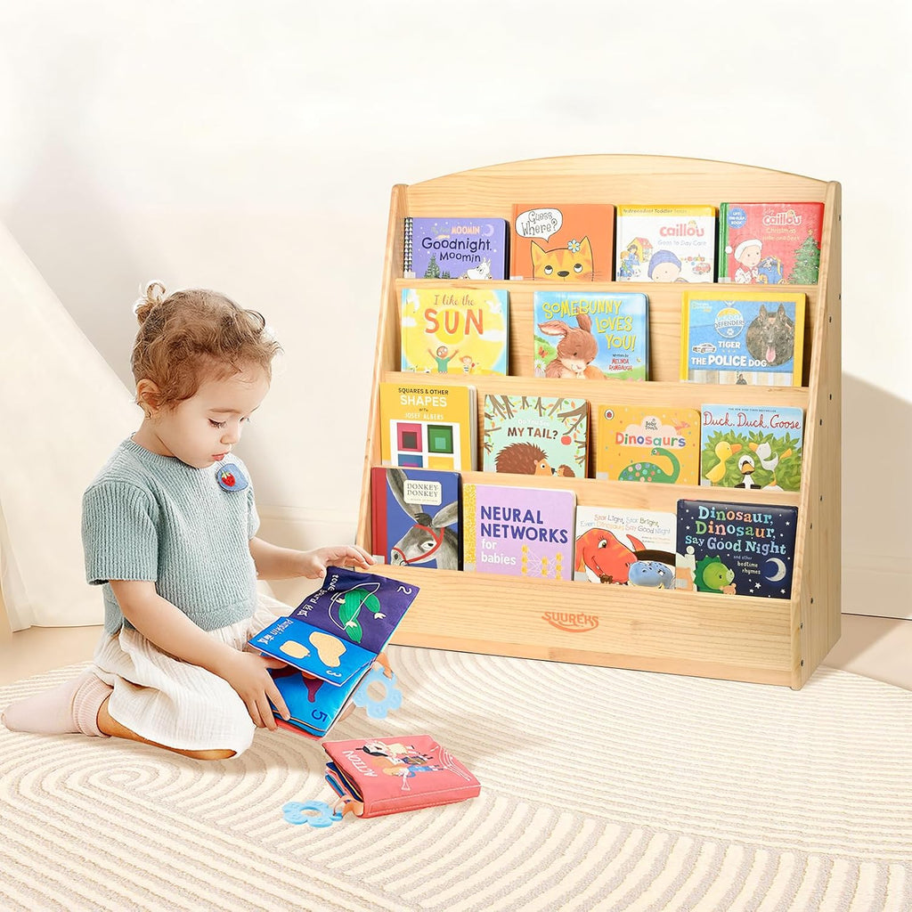 Montessori Bookshelf, 4 Tier Kids Bookshelf – Safe, Sturdy, and Easy to Clean, Premium Wooden Book Shelf for Kids Rooms, Playroom, Classroom, Nursery（31-1/2' D x 11-4/5' W x 31-1/2' H）