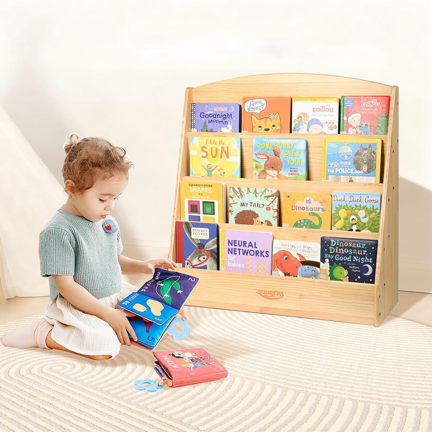 Montessori Bookshelf, 4 Tier Kids Bookshelf – Safe, Sturdy, and Easy to Clean, Premium Wooden Book Shelf for Kids Rooms, Playroom, Classroom, Nursery（31-1/2' D x 11-4/5' W x 31-1/2' H）
