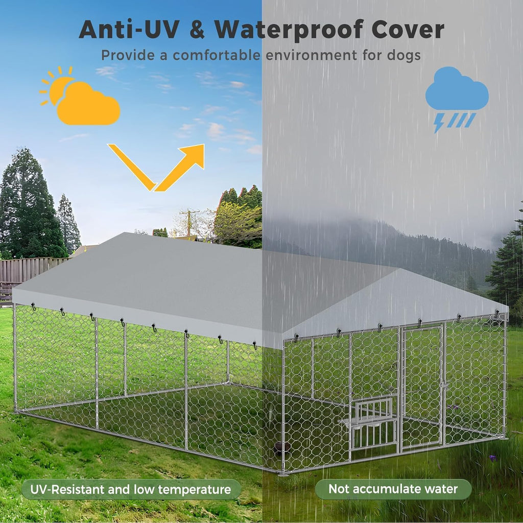Lyromix 10 x 15FT Outdoor Dog Kennel with Roof & Feeding Bowls, Heavy Duty Galvanized Chain Link Structure, Outdoor Dog Pen with Secure Lock for Yard