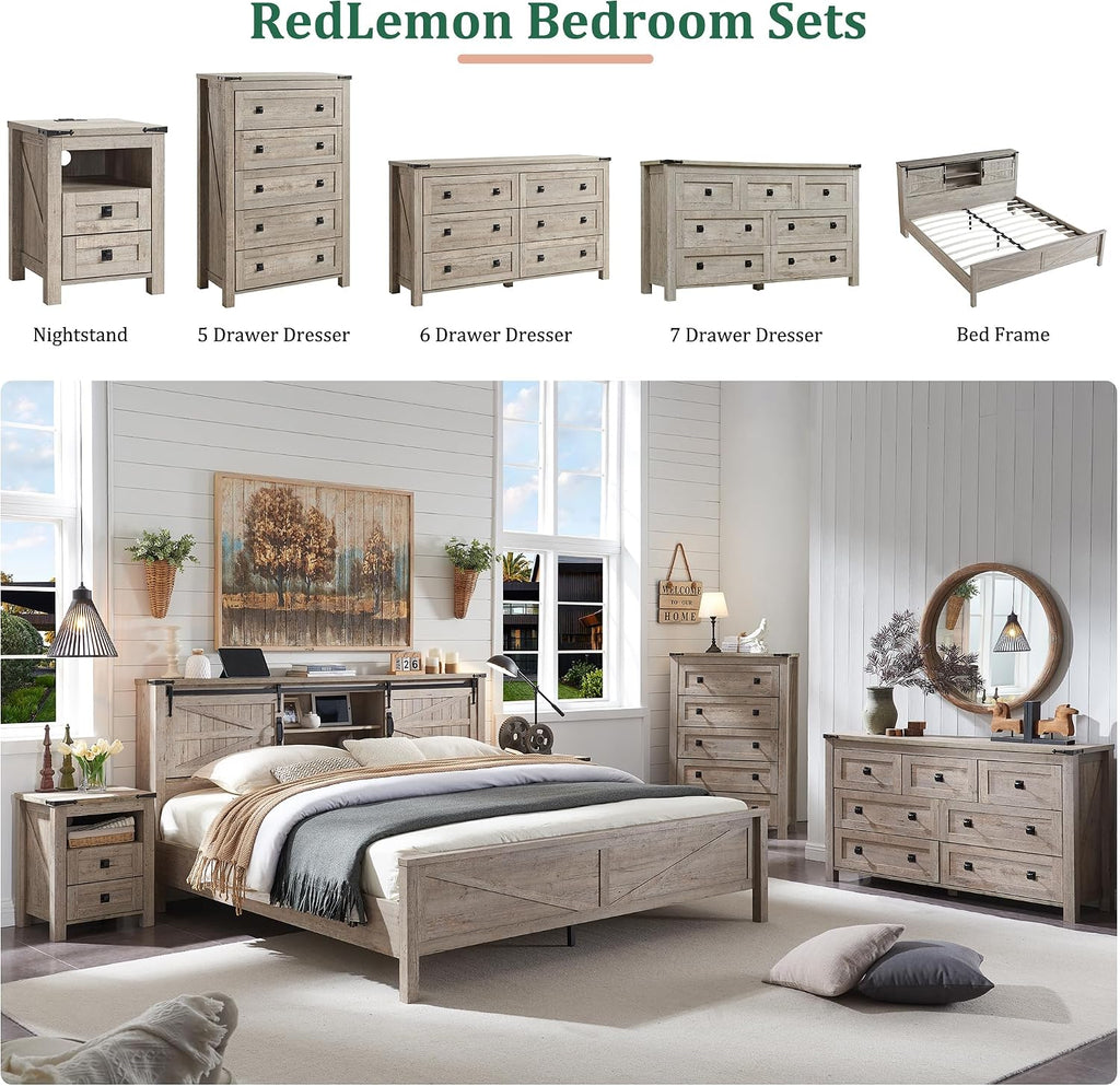 RedLemon Farmhouse 5 Drawer Dresser, 48' Tall Rustic Chest of Drawers, Wood Dresser for Bedroom, Living Room, Hallway, Light Rustic Oak