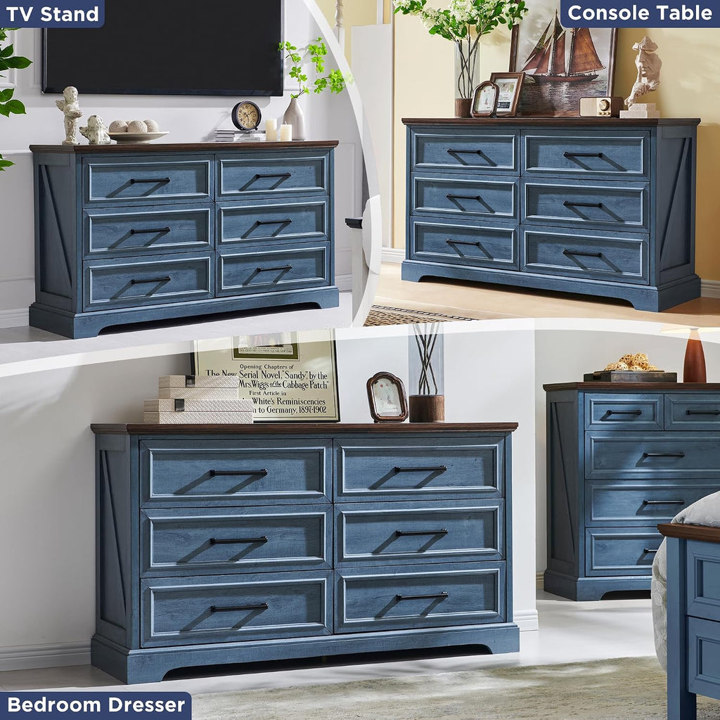 ACCOHOHO Farmhouse 6 Drawer Dresser for Bedroom, 52 Inch Wide Modern Dresser TV Stand with Large Drawers & Bar Handles, Rustic Wood Chest of Drawers for Bedroom, Living Room, Hallway, Blue
