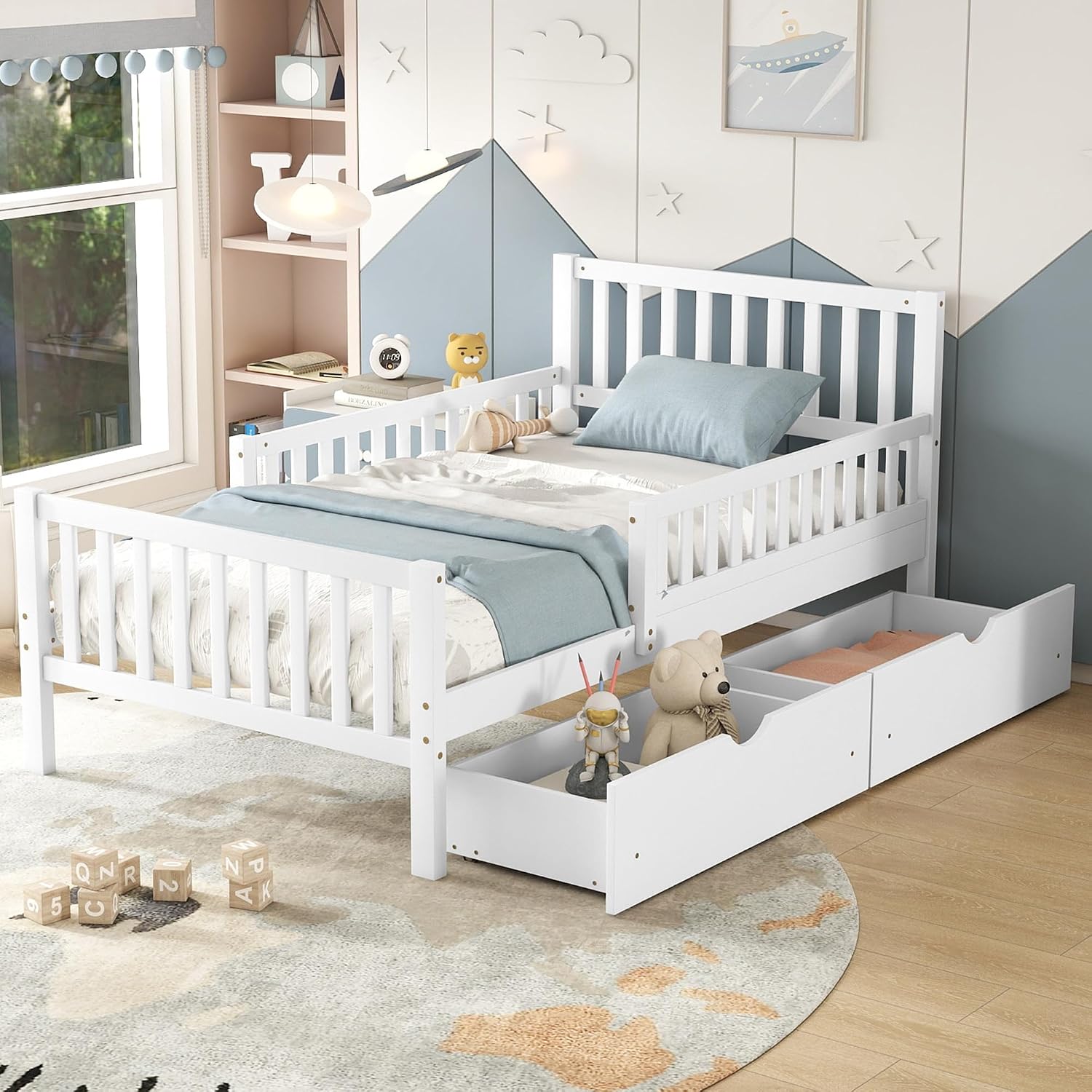 Kids Twin Size Bed Frame with Storage Drawers, Wood Twin Bed Frames for Kids, Twin Bed Frame with Headboard and Footboard for Boys Girls, No Box Spring Needed,White