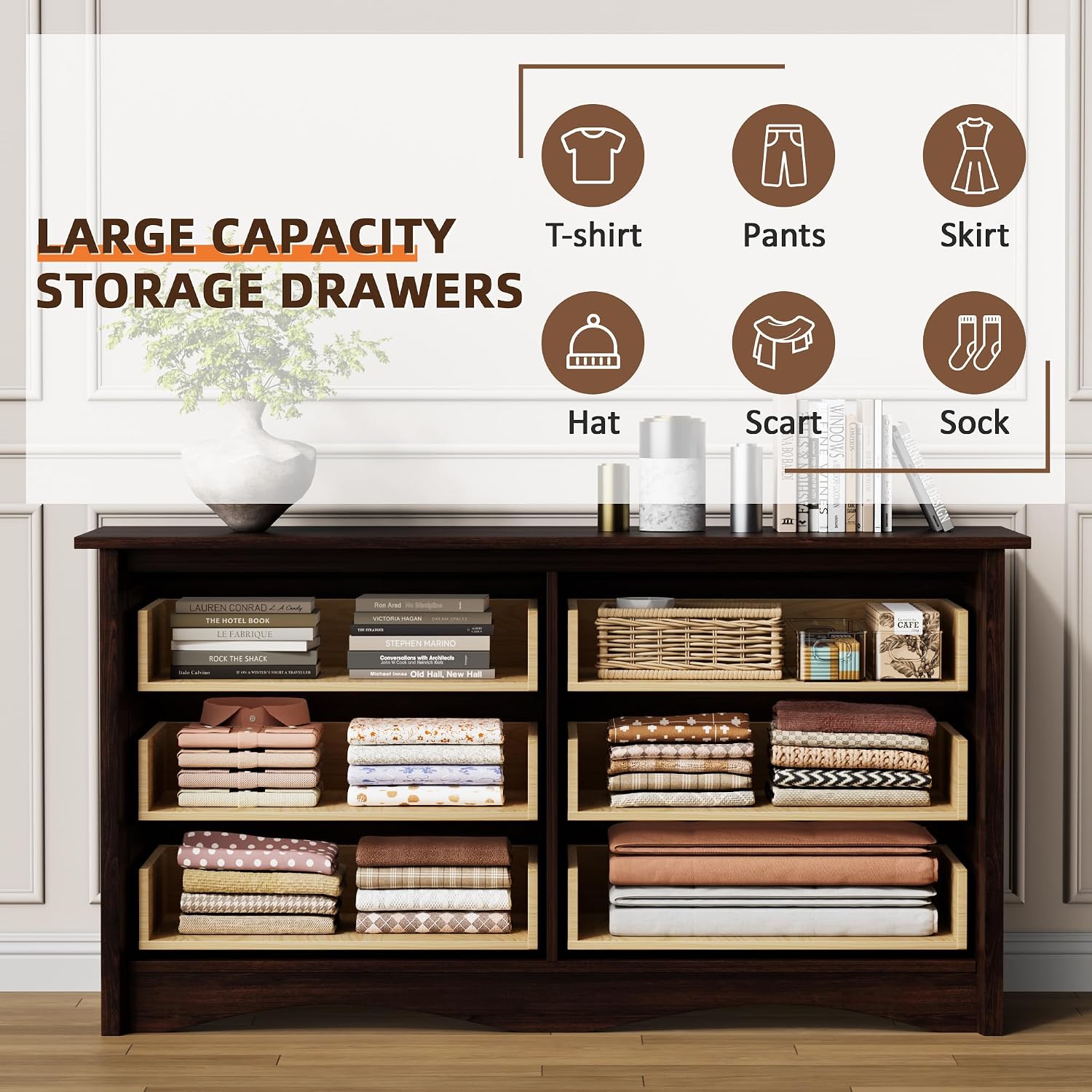 Flamaker Dresser for Bedroom, 6 Drawer Dresser, 47.2'' Wood Dressers, Wide Chest of Drawer, Storage Drawers, Storage Organizer for Closet, Hallway (Brown)