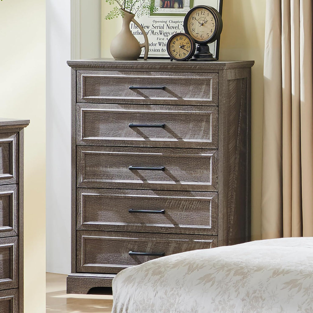 ACCOHOHO Farmhouse 5 Drawers Dresser Chests for Bedroom,46' Tall Wood Rustic Chest of Drawers with Wide Metal Handle,Natural Texture,Drawer Organizer for Bedroom,Living Room,Hallway and Entryway,Grey