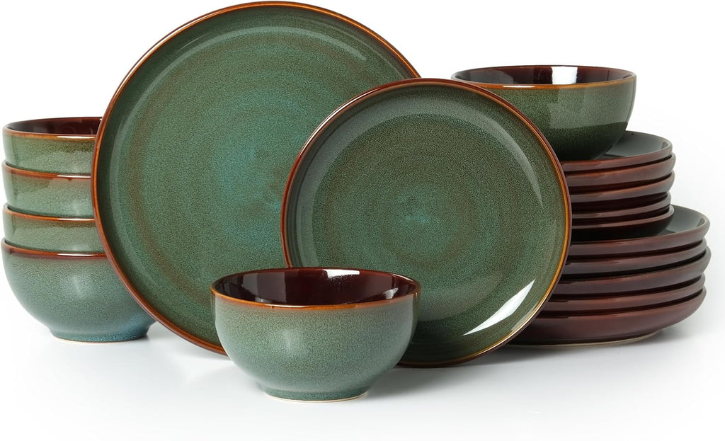 Pokini Stoneware Dinnerware Sets for 6, Microwave Safe Plate and Bowl Set, Easy to Clean & Durable Dishes Sets for Small to Medium Families, Sage Green