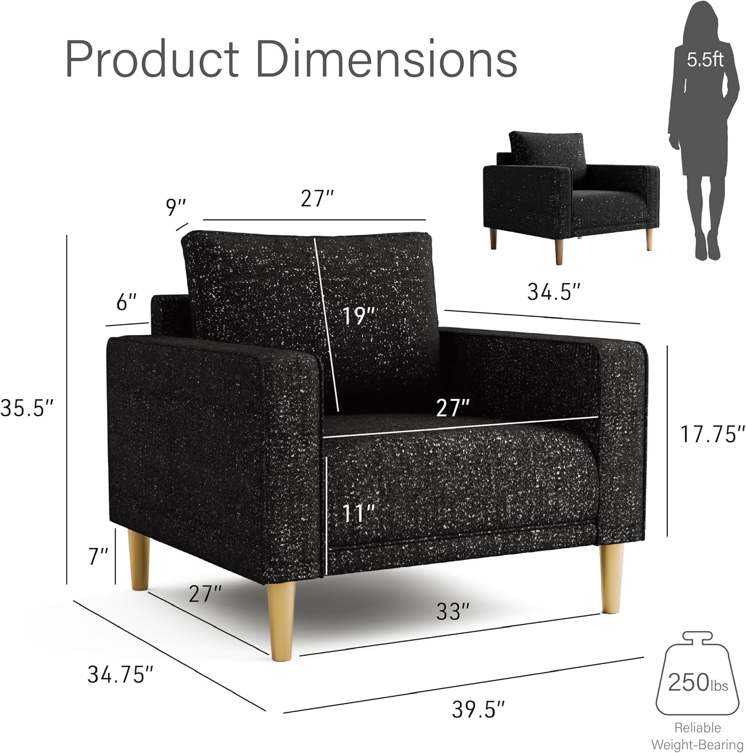 Furniture of America Oriana Contemporary Boucle Fabric 3-Piece Sofa Set with Back Pillows and Wooden Legs, Accent Furniture Sets for Living Room, Home Office, Bedroom, Lounge, Black
