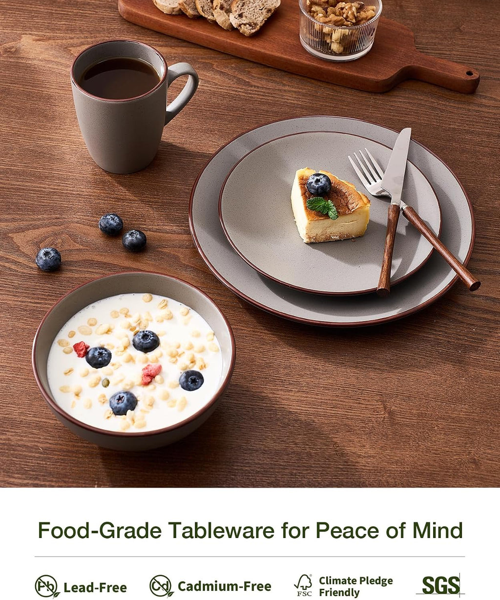 Famiware Venus 16-Piece Stoneware Dinnerware Sets with Mugs, Plates, Bowls, Service for 4, Matte Dark Gray - Modern Ceramic Chip‑Resistant Dishes for Everyday & Formal Use, Microwave & Dishwasher Safe