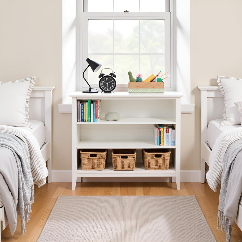 Simplicity Transitional Children's Under Window Bookshelf in White, Anti-tipping Hardware, Durable Brazilian Pine & Pine Veneer, Adjustable Shelves, Safety Standards, Modern