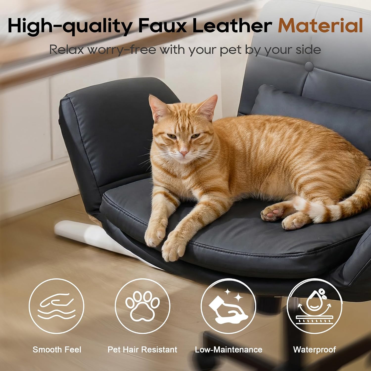 Criss Cross Chair with Wheels & Outward-Folding Armrests, Faux Leather Cross Legged Office Chair with Storage Pockets, Comfortable Adjustable Swivel Vanity Chair for Home, Living Room, Bedroom (Black)