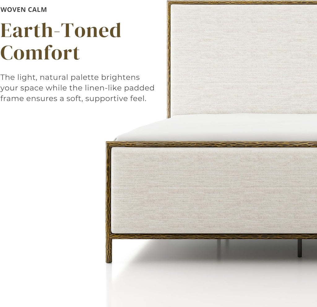 24/7 Shop at Home Lalia Hammered Metal 3-Piece Bedroom Collection, Upholstered Bed Frame with Beige Fabric Headboard, Forged Steel and 1-Shelf Nightstands, Foundation Required, Full, Matte Gold