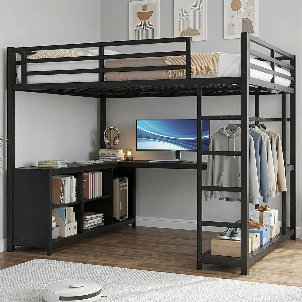 Full Size Loft Bed with Desk and Storage, Metal Loft Bed for Small Spaces,Full Loft Bed Frame for Bedroom,Black
