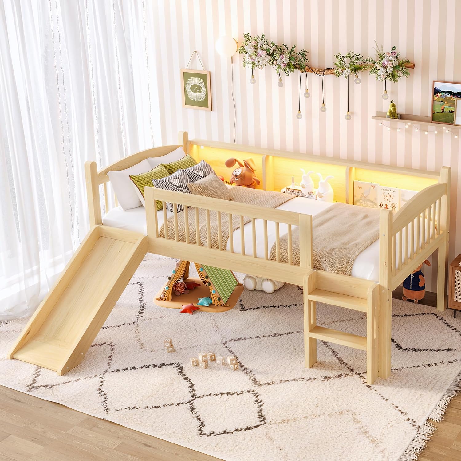 JIVOIT Twin Loft Bed with Storage Shelves, Solid Wood Lower Loft Bed with Full-Length Guardrails, Wood Slats Support, Space-Saving Design, No Box Spring Needed (Natural,Twin,51)
