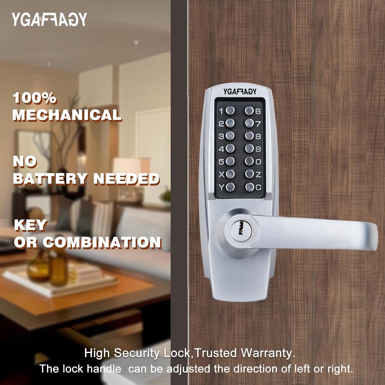 Mechanical Entry Door Lock, 14 Digital keypad,Weatherproof deadbolt with Handle, Security Heavy Duty Outdoor Lock Without Electronic, Easy Installation, for Home, Yard-gate, Office, Chrome