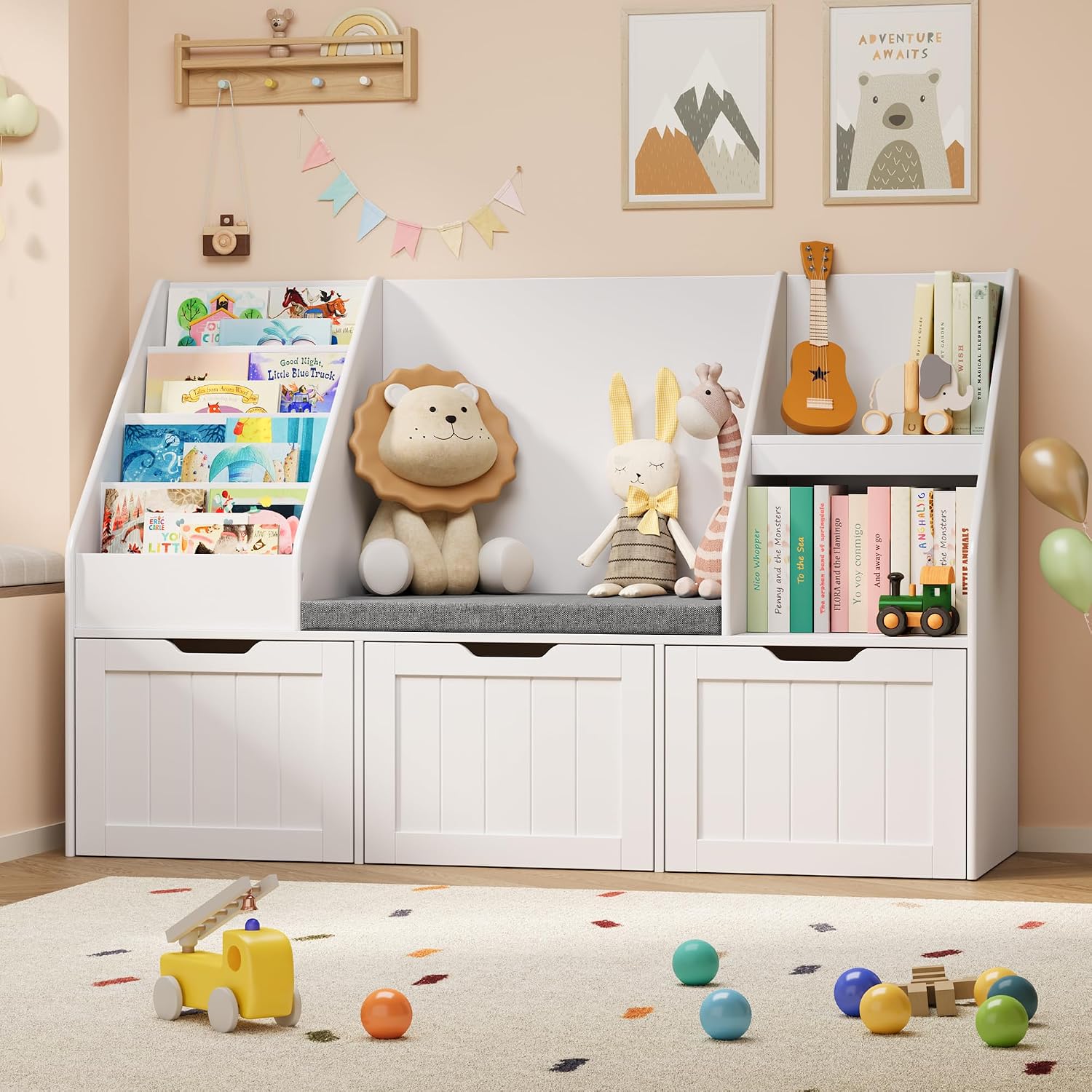 Gizoon Kids Toy Storage Organizer with Reading Nook, Kids Bookshelf with 3 Movable Drawers, Kids Reading Nook with Bench for Kidsroom Playroom and Bedroom, White, Painted