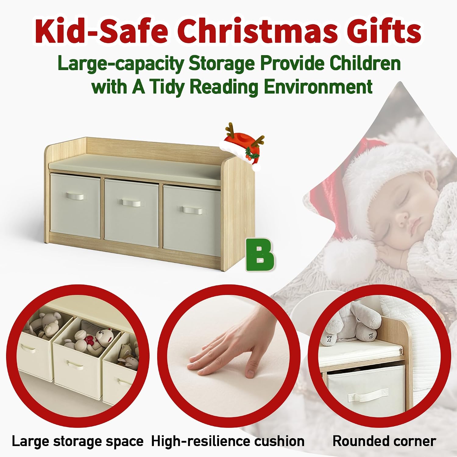 Kids Reading Nook Bench with 3 Drawers and Seat Cushion - Large Capacity Toddler Reading Corner，Kids Storage Bench