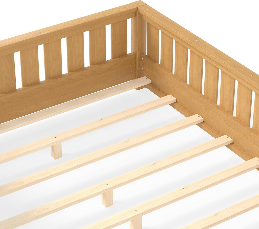 Bellemave Full Size Montessori Floor Bed with Slats and Fence, Full Size Montessori Bed with Rails and Bookcase, Easy Assemble Floor Beds Frame,Deep Natural