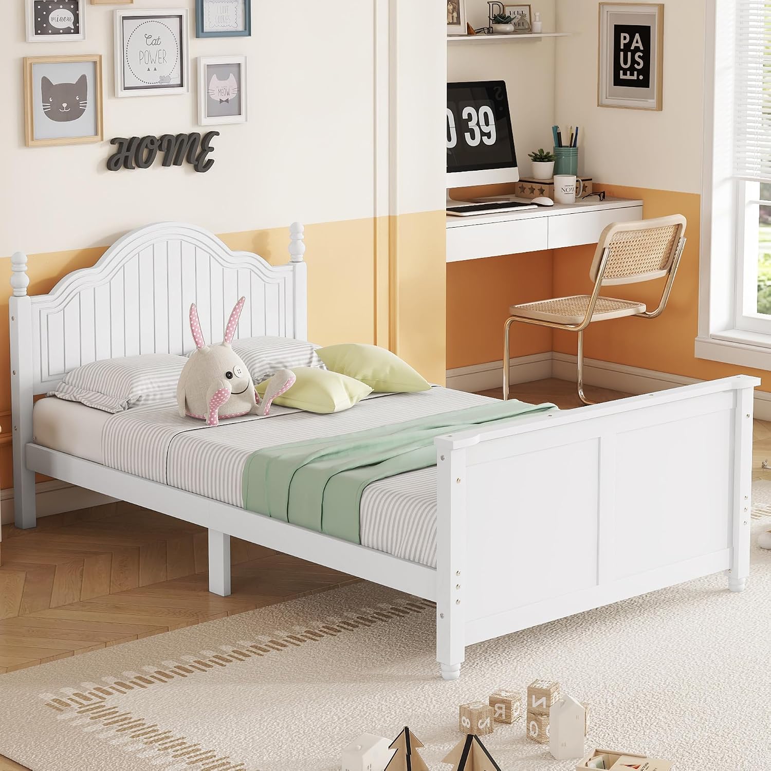 KEIKI Twin Size Wooden Floor Bed w/Safety Removable Rails, Kids Platform DayBed Frame w/Headboard, Low Profile, Space Saving Day Beds for Boys Girls Bedroom, No Box Spring Needed, Easy Assembly, White