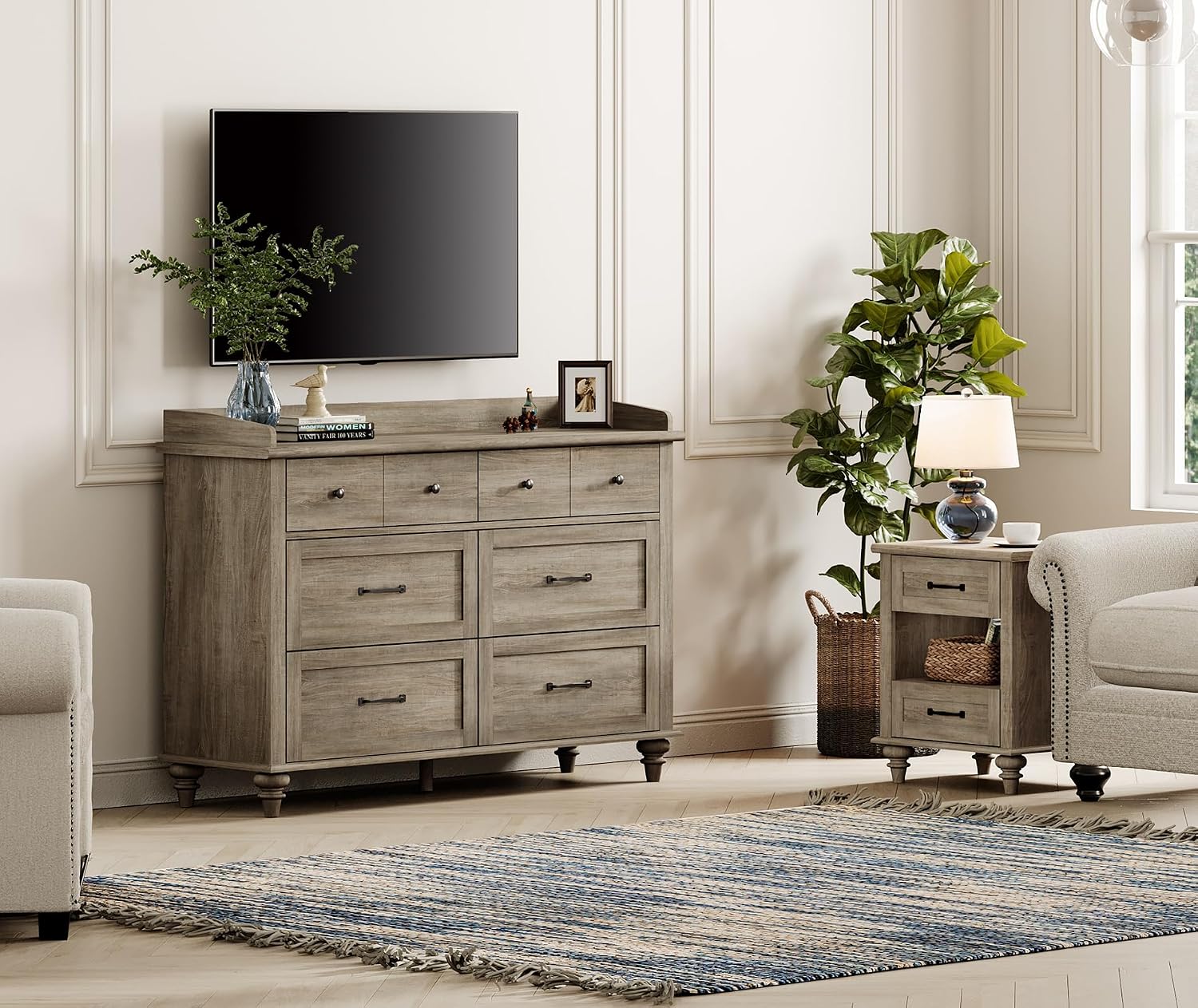 WAMPAT 2 Piece Bedroom Set - Includes 6 Drawer Dresser for Bedroom, Farmhouse Nightstand with Charging Station & Drawers & Cubby, 2 Piece Dresser and Nightstand Sets, Grey