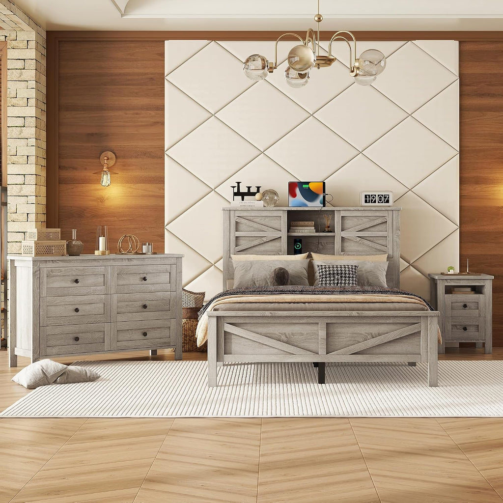 3-Pieces Bedroom Sets with Full Size Farmhouse Platform Bed, Double Sliding Door Storage Headboard, USB, 3PCS Bedroom Sets with Cabinet, Nightstands for Kids Adults, Gray