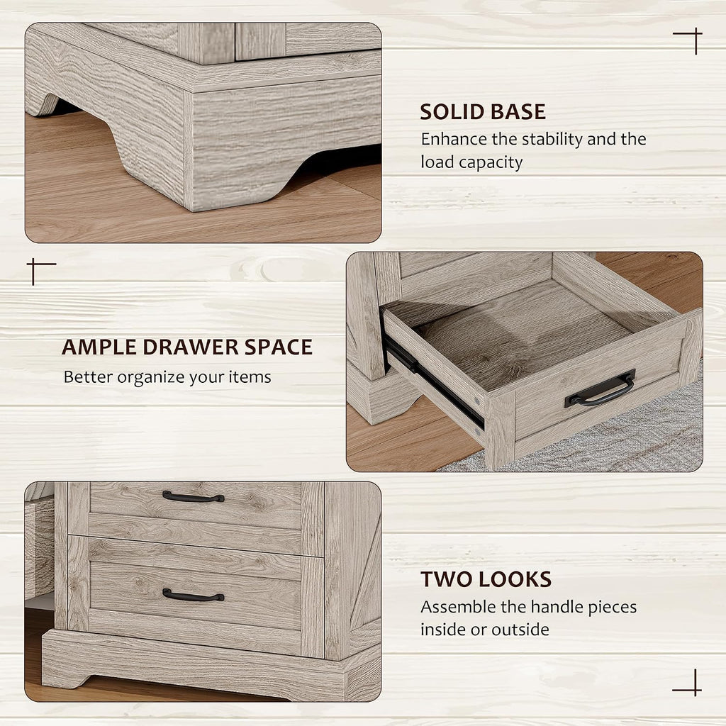 Whalefall Farmhouse Night Stand Set of 2, Large 3 Drawers Bedside Table with Charging Station, 22 inch Wide End Table for Bedroom, 2pcs Light Wash Gray