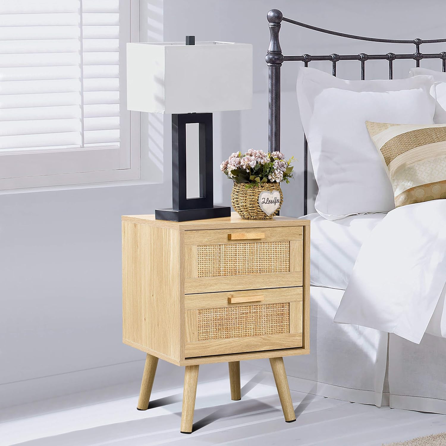 Finnhomy Nightstands Set of 2, Night Stands Set 2 with Hand Made Rattan Decorated Drawers, Nightstand, End Table, Bedside Tables Set of 2 for Bedroom, Natural, 2 Pack