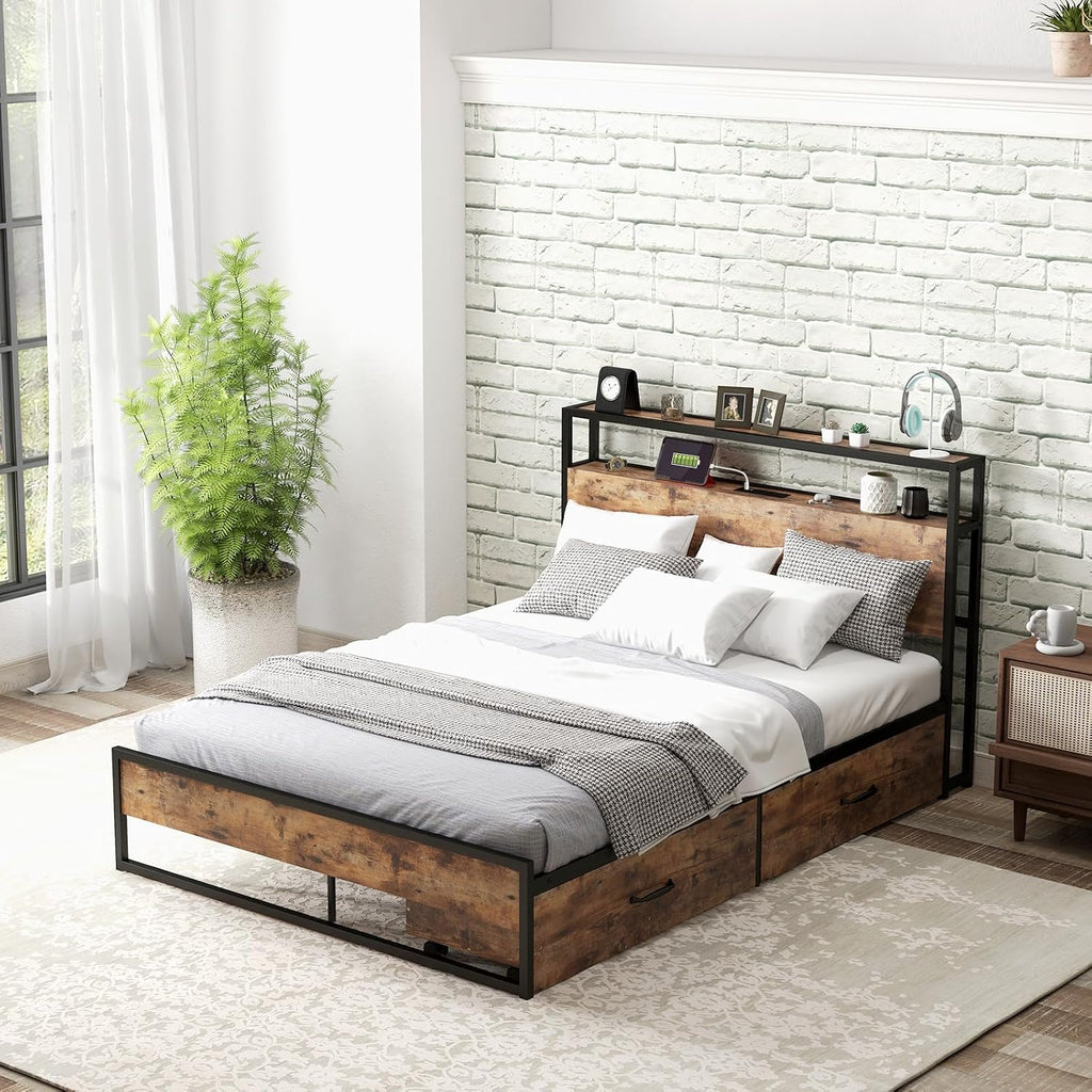 Giantex Full Bed Frame with 2 Storage Drawers and Charging Station, Industrial Platform Bed Frame with 2-Tier Storage Headboard, Rustic Metal Slats Support Mattress Foundation, No Box Spring Needed