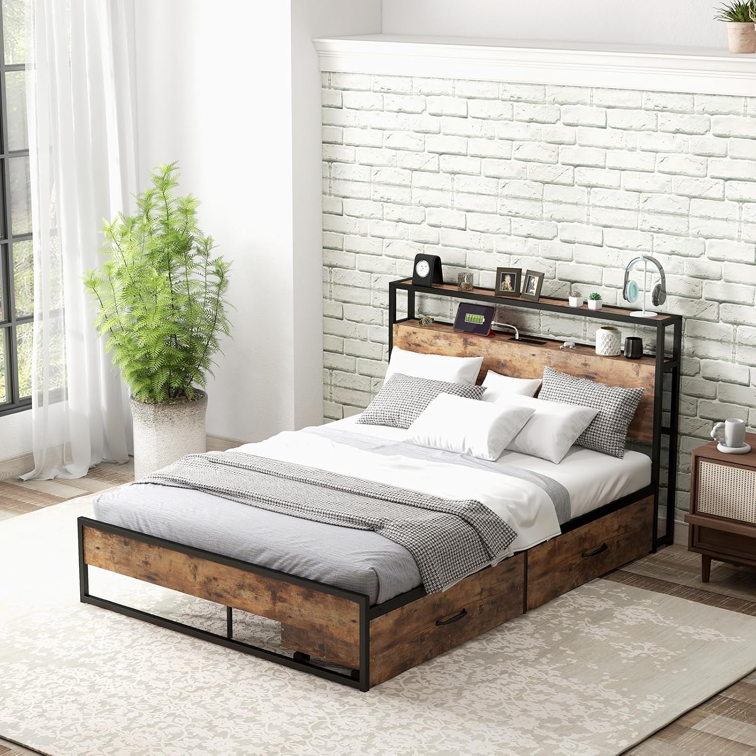 Giantex Full Bed Frame with 2 Storage Drawers and Charging Station, Industrial Platform Bed Frame with 2-Tier Storage Headboard, Rustic Metal Slats Support Mattress Foundation, No Box Spring Needed