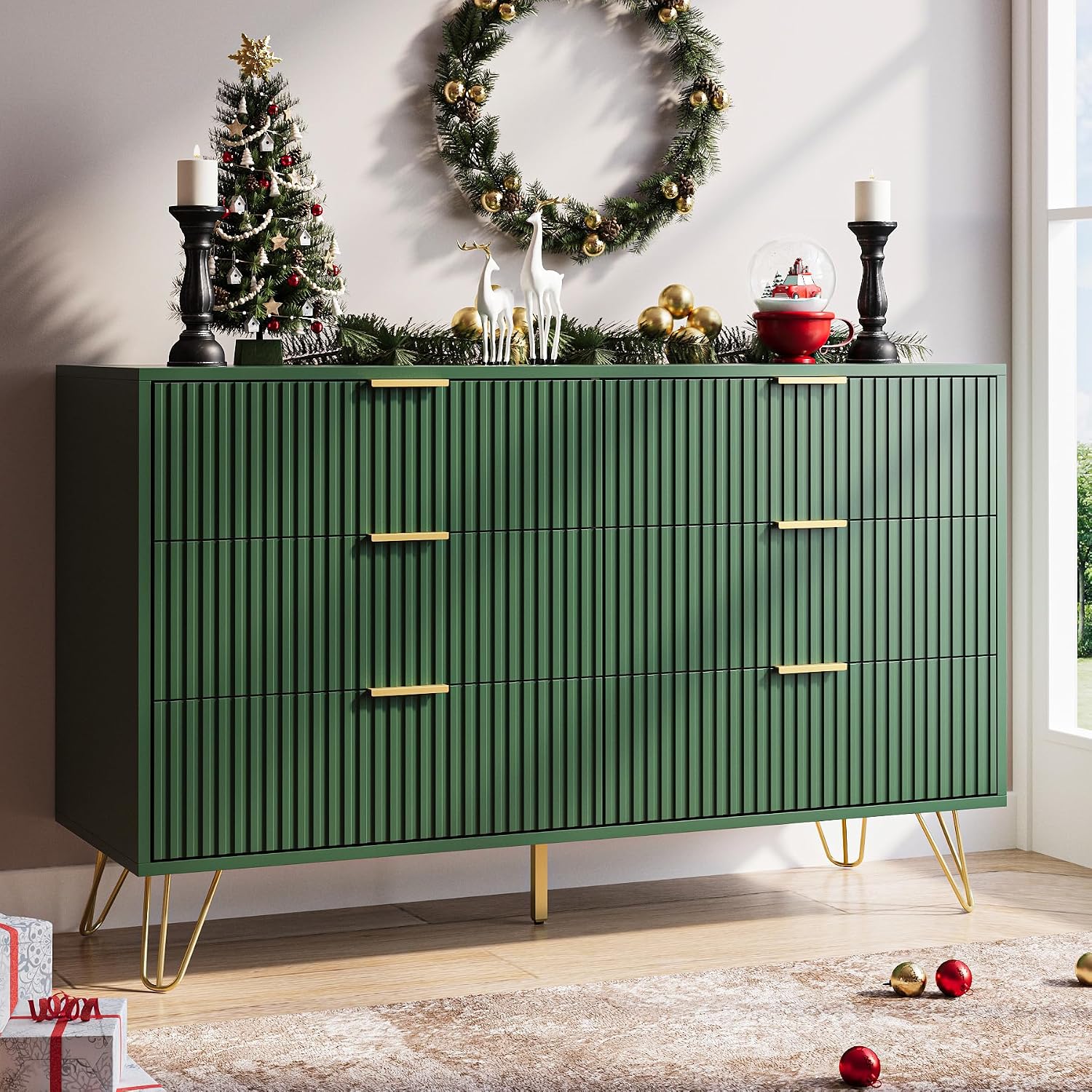 MAISONARIA Green Dresser for Bedroom, Modern Dresser with Gold Metal Handles & Chests of Drawers, Wood Chest of Drawers for Bedroom