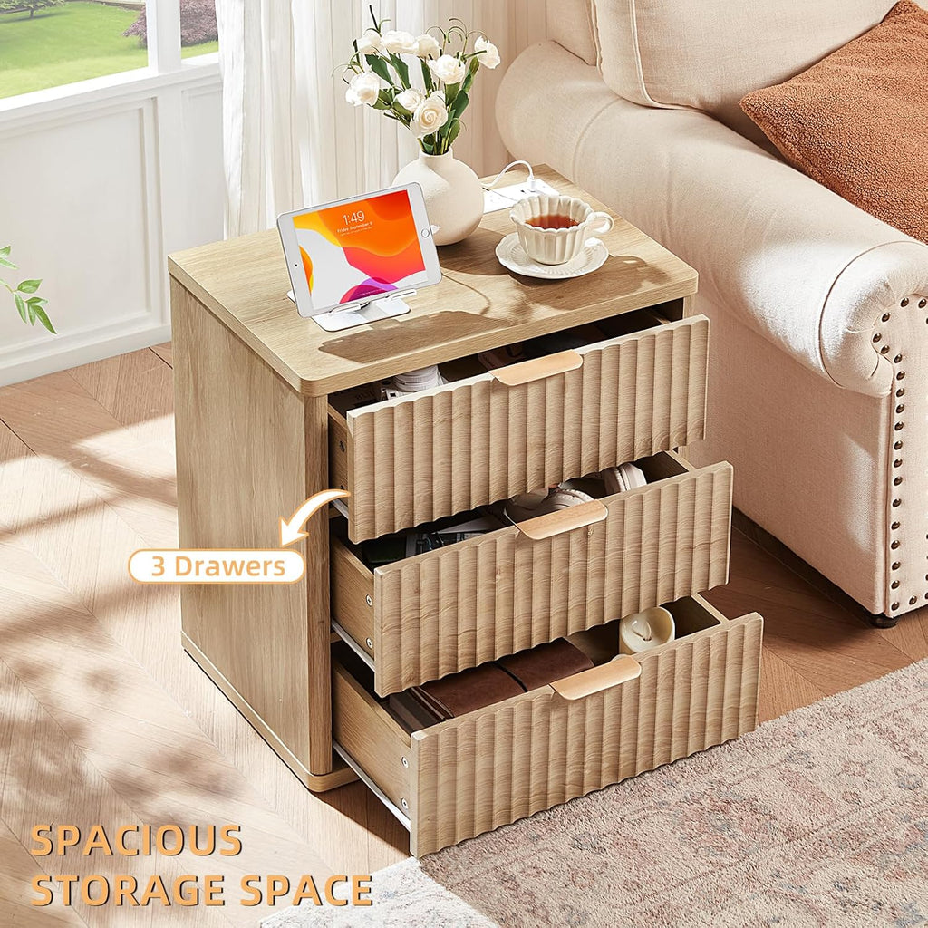 LEYAOYAO 23' Wide Fluted Night Stand with Charging Station, 3 Drawers Large End Table with Storage, Natural Nightstand Wood Bedside Tables, Farmhouse Cabinet Dresser for Bedroom, Closet