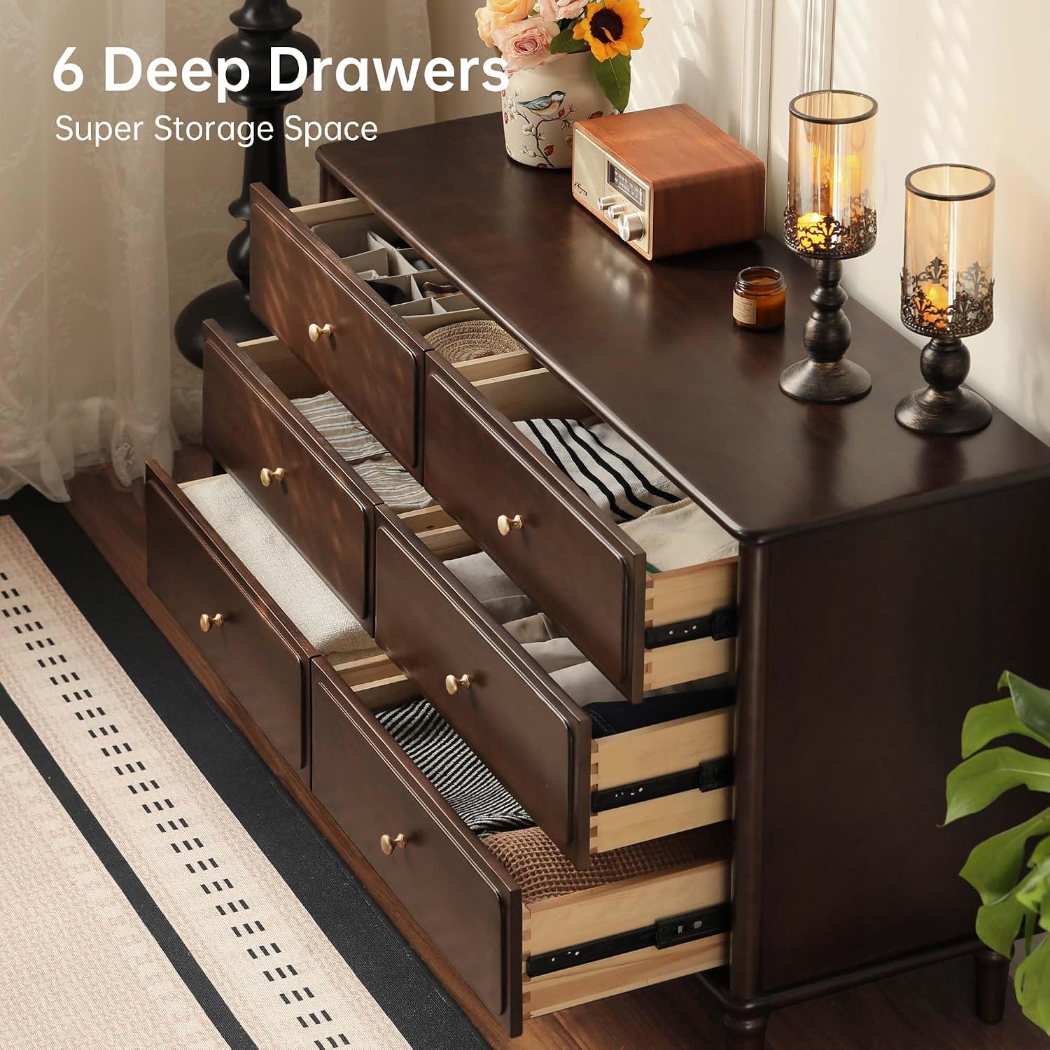 YESWOOD Large Vanity Desk with 6 Storage Dresser, Poplar Wood Adjustale Makeup Table for Girls, Vanity Set for Bedroom, Living Room, 97' D x 16' W x 31' H（no Chair no Mirror）