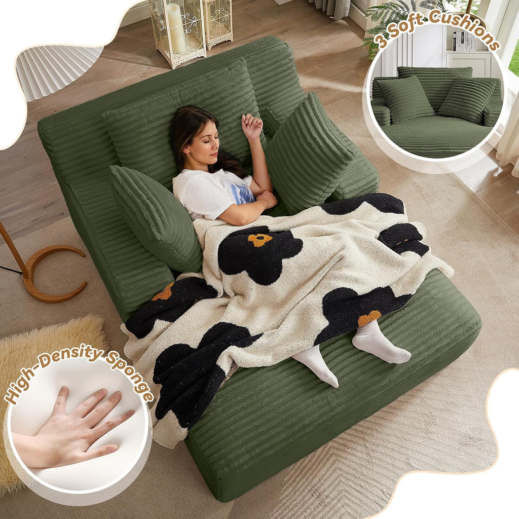 Oversized Chaise Lounge Chair Indoor, 66' Cloud Boneless Sleeper Couch Corduroy Upholstered Sofa Bed Deep Seat Comfy Reading Chair with 3 Pillows for Living Room Bedroom, Green