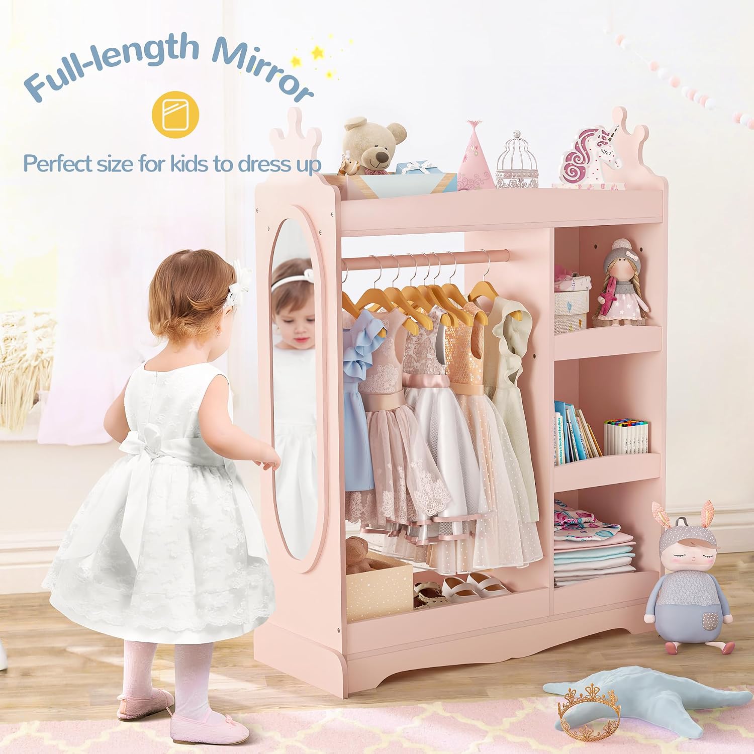 Curipeer Kids Dress up Storage with Mirror, Kids Wardrobe with Storage & 3 Hooks, Kids Closet for Girls Boys, Kids Costume Organizer, Open Hanging Armoire Wardrobe Closet for Bedroom, Pink