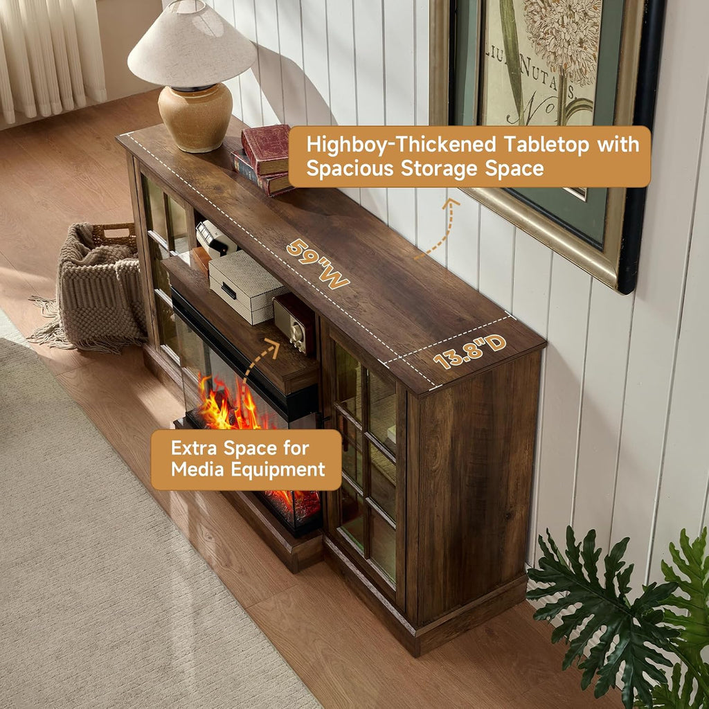 ROCKPOINT 3 Sided Glass 59' Fireplace TV Stand for TVs up to 65 Inch, Media Entertainment Center with Glass Door Storage Cabinet, 24' Electric Fireplace with LED Light and Flame Colors, Espresso