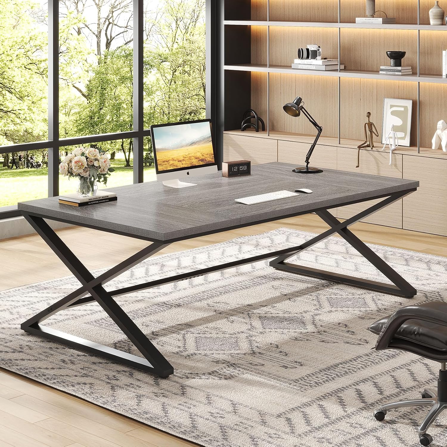 IBF Extra Large Desk, 78.7' Long Home Office Computer Desk, Simple Wide Work Desks for Writing Study in Bedroom, Industrial Wood Metal Game Desks Executive Workstation Conference Table, Light Grey Oak