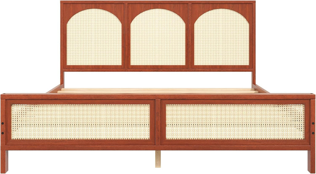 JIVOIT Queen Size Platform Bed with Rattan Headboard and Footboard, Wood Platform Bed Frame with Wood Slats Support, No Box Spring Needed, Easy Assembly (Walnut+Beige,Queen)