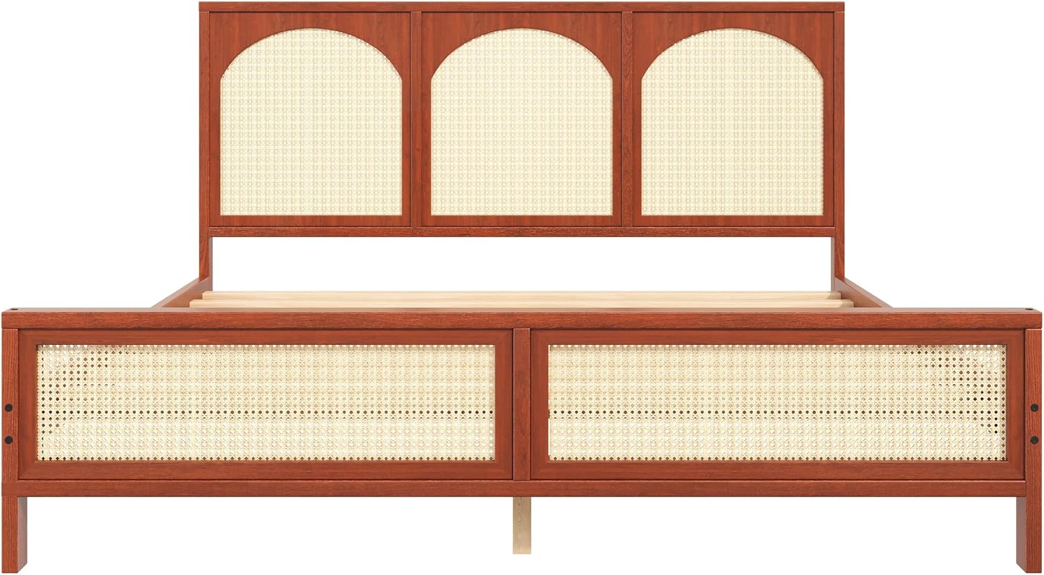 JIVOIT Queen Size Platform Bed with Rattan Headboard and Footboard, Wood Platform Bed Frame with Wood Slats Support, No Box Spring Needed, Easy Assembly (Walnut+Beige,Queen)