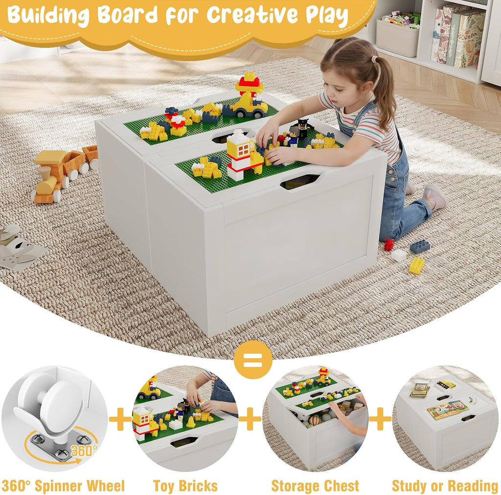 68.9' W Kids Reading Nook, Toy Storage Box with Removable Building Baseplate Play Lid for Lego, Wooden Bookshelf with Stuffed Animal Storage, Bench and Removable Cushions for Playroom(White)